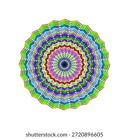 A vibrant and intricate circular pattern, reminiscent of a mandala or kaleidoscope, is presented against a clean white background. The design is composed of numerous concentric rings, each meticulously formed by small, arrow-shaped or chevron segments. A rich palette of colors, including various shades of green, blue, purple, pink, light blue, and a deep maroon, are skillfully arranged to create a sense of depth and movement. The patterns become increasingly dense and spiral towards the dark central point, contributing to an engaging optical illusion effect. This abstract artwork showcases precise geometric arrangement and a harmonious blend of bright hues.