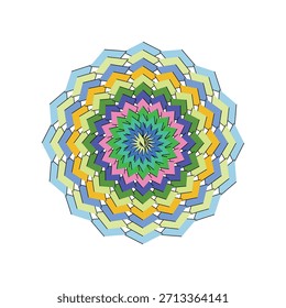 Una obra de arte digital vibrante e intrincada con capas concéntricas de Formas en zigzag o chevrón que irradian desde el centro, utilizando una paleta diversa de azules, verdes, amarillos y rosas para un mesmerizi