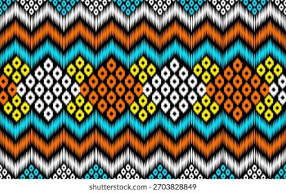 Vibrant and intricate digital ikat pattern featuring bold zigzags and geometric diamond motifs in neon blue, bright orange, yellow, and white on a black background.