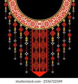 A vibrant and intricate embroidered neckline design inspired by traditional tribal patterns. The design features a colorful beaded collar with geometric shapes and floral motifs. Perfect for fashion, 