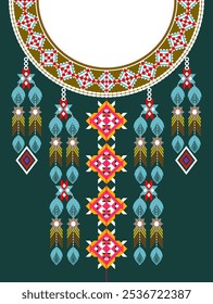 A vibrant and intricate embroidered neckline design inspired by traditional tribal patterns. The design features a colorful beaded collar with geometric shapes and floral motifs. Perfect for fashion, 