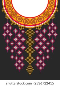A vibrant and intricate embroidered neckline design inspired by traditional tribal patterns. The design features a colorful beaded collar with geometric shapes and floral motifs. Perfect for fashion, 