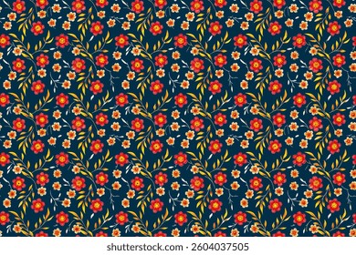 A vibrant and intricate floral pattern, blooming with red and yellow blossoms, creates a visually stunning tapestry.