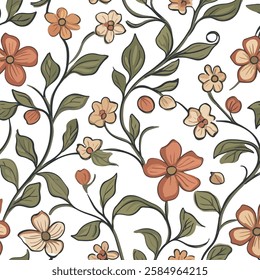 A vibrant and intricate floral pattern featuring a variety of flowers and leaves in warm tones of orange, cream, and green against a white background. 