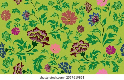 A vibrant and intricate floral pattern on a textured green background. The design features a variety of flowers in different colors and sizes, creating a dynamic and visually appealing composition.