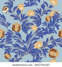 A vibrant, intricate floral pattern on a light blue background features stylized dark blue leaves and orange-brown blossoms, creating a decorative, repeating motif.