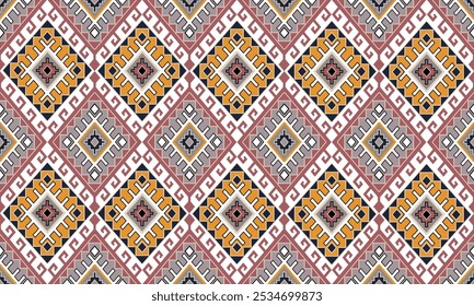A vibrant and intricate geometric pattern. The design features a repeating grid of squares and diamonds, filled with various colors including red, yellow, blue, and gray.