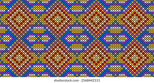  a vibrant and intricate geometric pattern. The design is composed of small, colorful squares and circles arranged in a repeating motif. The pattern creates a sense of rhythm and movement, 