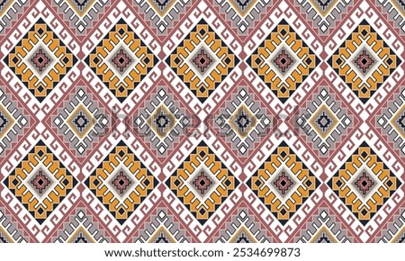 A vibrant and intricate geometric pattern. The design features a repeating grid of squares and diamonds, filled with various colors including red, yellow, blue, and gray.