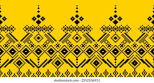 Un patrón geométrico vibrante e intrincado inspirado en el arte tradicional tailandés.El diseño presenta un audaz esquema de colores negro y amarillo con un motivo repetitivo de diamantes, triángulos y cuadrados.