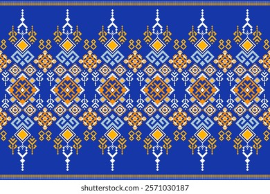 A vibrant and intricate geometric pattern inspired by traditional tribal art. The design features a bold color palette and a mix of geometric shapes and floral motifs. Perfect for fashion, home decor,