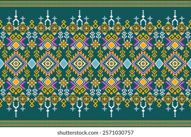 A vibrant and intricate geometric pattern inspired by traditional tribal art. The design features a bold color palette and a mix of geometric shapes and floral motifs. Perfect for fashion, home decor,