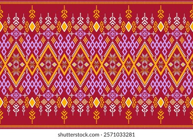 A vibrant and intricate geometric pattern inspired by traditional tribal art. The design features a bold color palette and a mix of geometric shapes and floral motifs. Perfect for fashion, home decor,