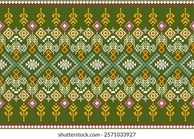 A vibrant and intricate geometric pattern inspired by traditional tribal art. The design features a bold color palette and a mix of geometric shapes and floral motifs. Perfect for fashion, home decor,