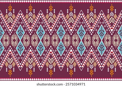 A vibrant and intricate geometric pattern inspired by traditional tribal art. The design features a bold color palette and a mix of geometric shapes and floral motifs. Perfect for fashion, home decor,