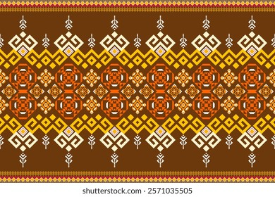 A vibrant and intricate geometric pattern inspired by traditional tribal art. The design features a bold color palette and a mix of geometric shapes and floral motifs. Perfect for fashion, home decor,