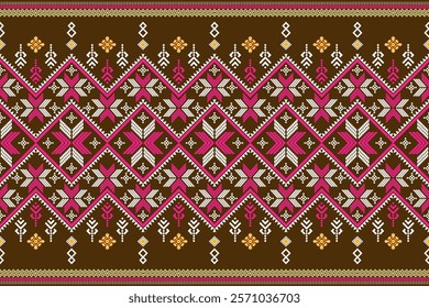 A vibrant and intricate geometric pattern inspired by traditional tribal art. The design features a bold color palette and a mix of geometric shapes and floral motifs. Perfect for fashion, home decor,