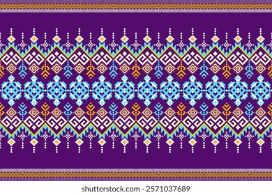 A vibrant and intricate geometric pattern inspired by traditional tribal art. The design features a bold color palette and a mix of geometric shapes and floral motifs. Perfect for fashion, home decor,