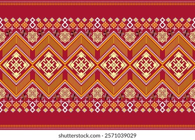 A vibrant and intricate geometric pattern inspired by traditional tribal art. The design features a bold color palette and a mix of geometric shapes and floral motifs. Perfect for fashion, home decor,