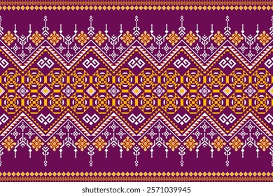 A vibrant and intricate geometric pattern inspired by traditional tribal art. The design features a bold color palette and a mix of geometric shapes and floral motifs. Perfect for fashion, home decor,