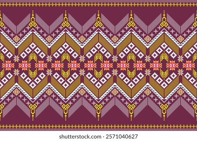 A vibrant and intricate geometric pattern inspired by traditional tribal art. The design features a bold color palette and a mix of geometric shapes and floral motifs. Perfect for fashion, home decor,