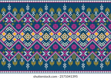 A vibrant and intricate geometric pattern inspired by traditional tribal art. The design features a bold color palette and a mix of geometric shapes and floral motifs. Perfect for fashion, home decor,