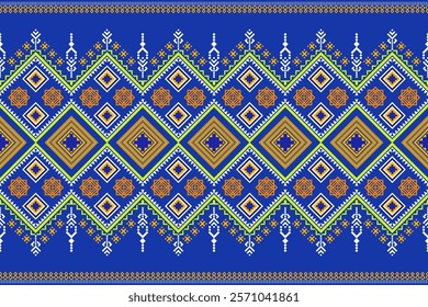 A vibrant and intricate geometric pattern inspired by traditional tribal art. The design features a bold color palette and a mix of geometric shapes and floral motifs. Perfect for fashion, home decor,