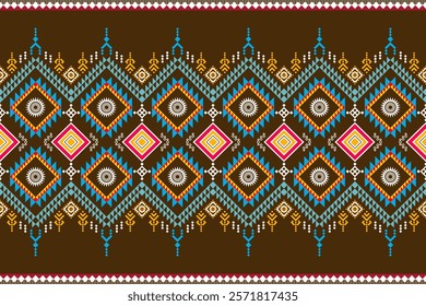 A vibrant and intricate geometric pattern inspired by traditional tribal art. The design features a bold color palette and a mix of geometric shapes and floral motifs. Perfect for fashion, home decor,