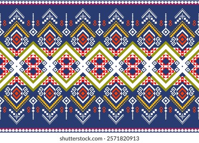 A vibrant and intricate geometric pattern inspired by traditional tribal art. The design features a bold color palette and a mix of geometric shapes and floral motifs. Perfect for fashion, home decor,