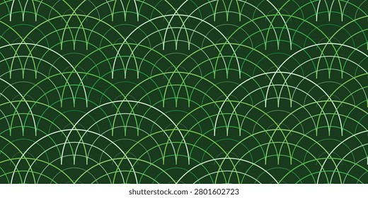 A vibrant, intricate green geometric design featuring repeating arches and intersecting lines forming a seamless pattern.