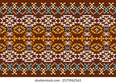 vibrant and intricate image showcases a traditional textile motif, reminiscent of ancient weaving techniques. The design features a repeating geometric arrangement of triangles, squares, 