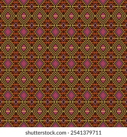 A vibrant and intricate knit pattern featuring a bold geometric design. The pattern showcases a repeating motif of interlocking diamonds and squares in shades of pink, yellow, orange, and brown. The k