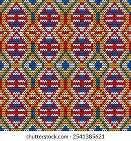 A vibrant and intricate knit pattern featuring a bold geometric design. The pattern showcases a repeating motif of interlocking diamonds and squares in shades of red, yellow, blue, and white. The knit