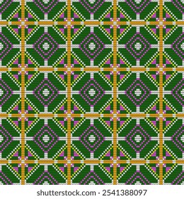 Um padrão de malha vibrante e intrincado com um design geométrico arrojado. O padrão mostra um motivo repetitivo de quadrados e diamons interligados