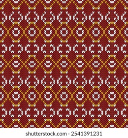 A vibrant and intricate knit pattern featuring a bold geometric design. The pattern showcases a repeating motif of interlocking shapes in shades of red, white, and yellow. The knit texture adds depth 