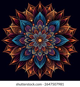 Vibrant, intricate mandala design with detailed floral patterns in blue, orange, and purple, perfect for art, meditation, or decorative backgrounds.