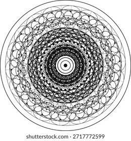 Un diseño de mandala vibrante e intrincado con anillos y patrones interconectados. Perfecto para colorear y decorar.