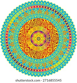 Un mandala vibrante e intrincado presenta anillos concéntricos de patrones deslumbrantes. Azules brillantes, amarillos, rosas y rojos se mezclan en un degradado. Los motivos tradicionales indios y persas como los paisleys, las delicadas flores y los Elementos geométricos crean un diseño complejo, simétrico e hipnótico
