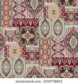 A vibrant and intricate patchwork design featuring a variety of rich colors and intricate patterns.