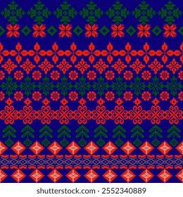 A vibrant, intricate pattern featuring floral and geometric designs in red, green, and blue, perfect for textiles or crafts.