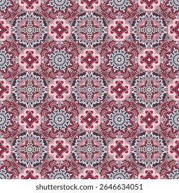 A vibrant, intricate pattern featuring floral and abstract designs in warm colors.