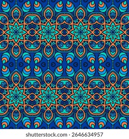 A vibrant, intricate pattern featuring floral and abstract elements in blue, orange, and green hues, ideal for textiles or wallpapers.
