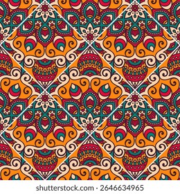 A vibrant, intricate pattern featuring floral and abstract elements in warm colors, suitable for textiles or wallpaper design.