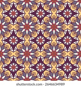 A vibrant, intricate pattern featuring floral and star motifs in rich colors, ideal for textile design or decorative art.