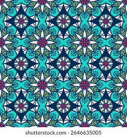 A vibrant and intricate pattern featuring floral and geometric designs in bright colors on a soothing blue background.