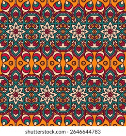 A vibrant, intricate pattern featuring floral and paisley designs in bold colors, suitable for textiles or wallpaper.
