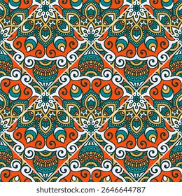 A vibrant, intricate pattern featuring floral and geometric designs in bold colors, suitable for textiles or wallpaper.