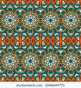 A vibrant, intricate pattern featuring floral and teardrop motifs in bright colors, suitable for textiles or wallpapers.