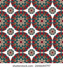 A vibrant, intricate pattern featuring floral and geometric designs in rich colors, suitable for textile or wallpaper design.