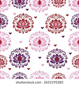 
Um padrão vibrante e intrincado com flores de lótus em vários tons de rosa e roxo, acentuado por corações e desenhos ornamentais contra um fundo branco.